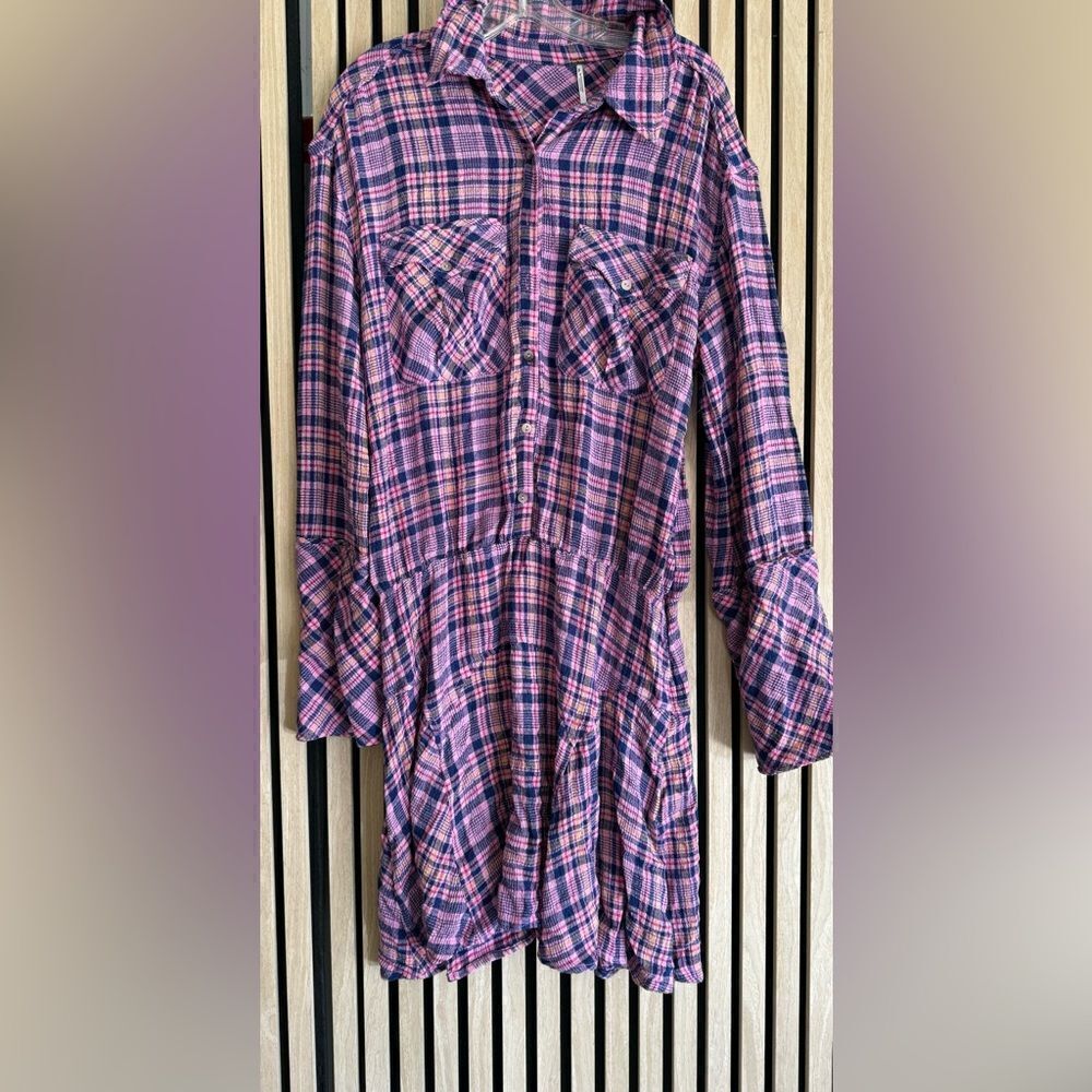 NEW FREE PEOPLE PINK MILO PLAID BUTTON FRONT MINI DRESS SIZE L - Picture 4 of 4
